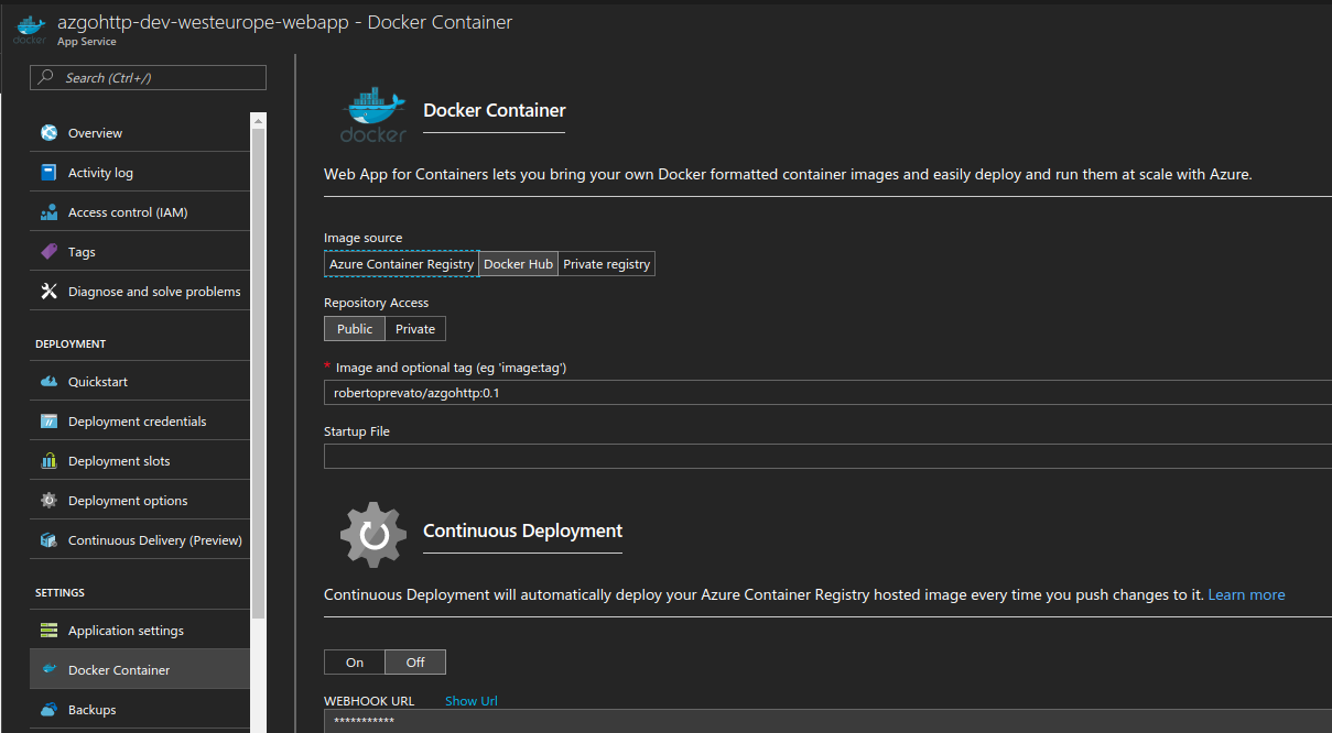 Docker container configuration in web application